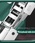 Close-up of soft close frameless cabinet hidden hinges with buffered mute hydraulic system in durable cold rolled steel