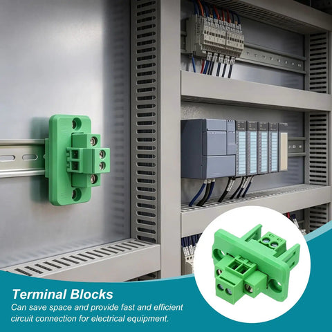 Bulletproof Screw Terminal Block 12 Pin Connector 3.5MM Pitch Wiring Set For 24 To 12 AWG Cable With Tin Plated Brass Contacts installed in a control cabinet.