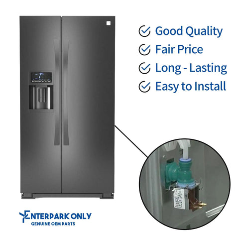 Refrigerator Water Inlet Valve Replacement For Whirlpool W10238100 W10498990, easy install instructions shown next to fridge.