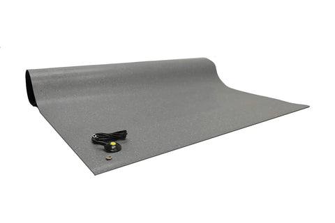 Dissipative Conductive Anti Static ESD Rubber Floor Mat Grey Speckled 3 Mil Thick 48x60 Inches with Grounding Cord and Heel Strap.