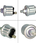 Front view of 52mm oil pressure gauge sender, metal cylindrical body, knurled brass connector, 12V