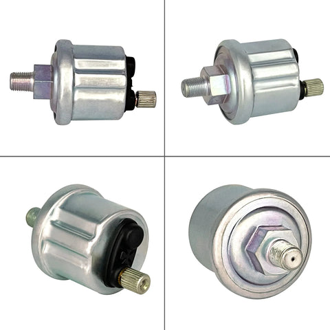 Front view of 52mm oil pressure gauge sender, metal cylindrical body, knurled brass connector, 12V
