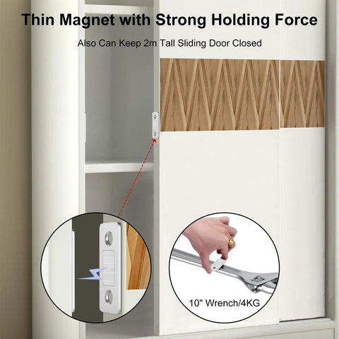 Ultra Thin Magnetic Cabinet Catch Set 4 Pack With Adhesive Backing shown installed on a sliding door with strong holding force.