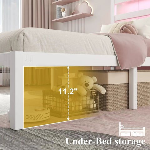 Totally Sweet Twin Size Metal Bed Frame With White Storage Headboard Featuring Smart App Control Rgb Led Lights And Built In Usb Charging Ports For Ultra Chill Bedroom Setups That Slap showing under-bed storage space with 11.2" height.