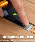Person using Pro Shop Ready Block Plane With Built In Level And Hardened Steel Blade Compact Aluminum Hand Planer for precise trimming.