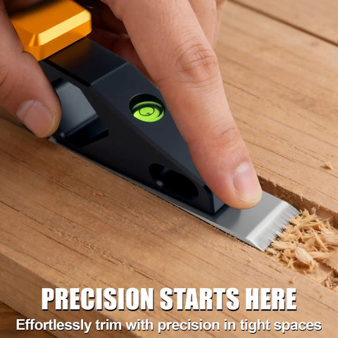 Person using Pro Shop Ready Block Plane With Built In Level And Hardened Steel Blade Compact Aluminum Hand Planer for precise trimming.