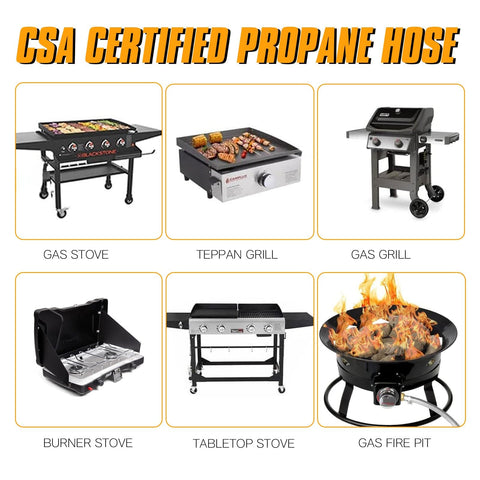 CSA certified propane hose compatible with gas stove, teppan grill, gas grill, burner stove, tabletop stove, gas fire pit
