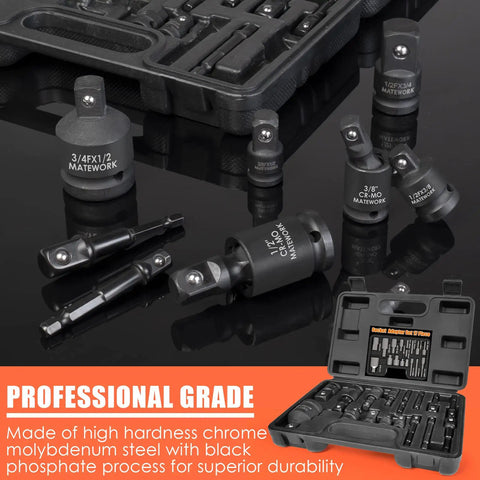 17 Piece Socket Adapter Set And Reducer For Impact Drivers With Universal Joint Sockets And Drill Adapters displayed on a table