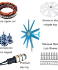 Components of Magnetic Levitation Wind Turbine Generator Kit 12000W With Controller Blue 10 Blades including copper coil, alloy hub.