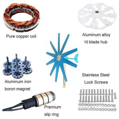 Components of Magnetic Levitation Wind Turbine Generator Kit 12000W With Controller Blue 10 Blades including copper coil, alloy hub.