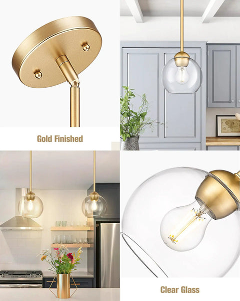 Gold Finish Industrial Pendant Light With Clear Glass Globe Shade in kitchen and dining settings, modern farmhouse style