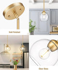 Close-up and room views of two pack modern gold pendant lights with clear glass globes for kitchen island dining room bedroom hallway and bathroom trendy lux metal finish with wow factor.