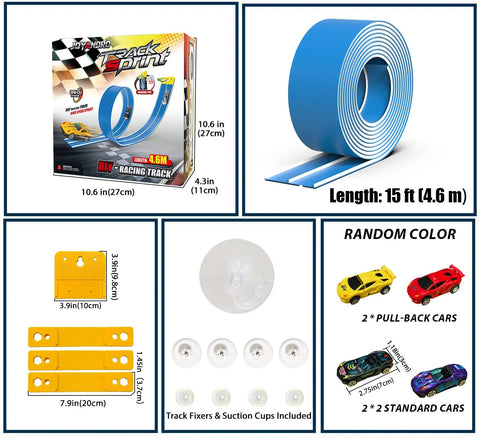Packaging and components of 15 Ft Flexible Race Car Track Starter Set For Kids with 4 cars and suction cups in Daytona Blue.