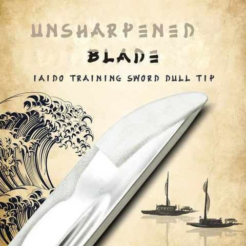 Close-up of unsharpened Lightweight Aluminum Katana Iaito for Iaido training, 28-inch blade with Fuller groove and dull tip