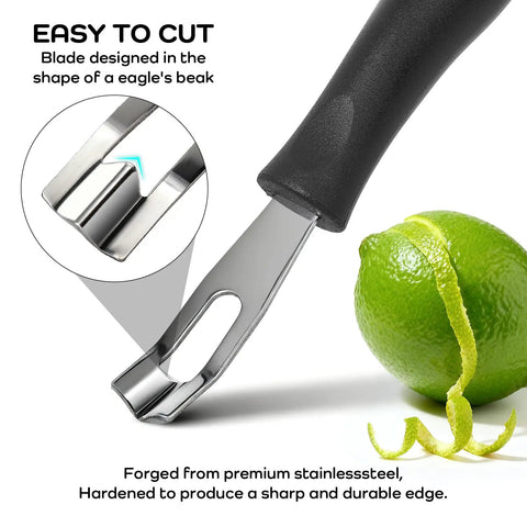Close-up of Lemon Zester and Garnish Channel Knife for Cocktails Triangular V Shaped Stainless Steel Bar Tool Professional Grade Citrus Peel Cutter next to lime peel