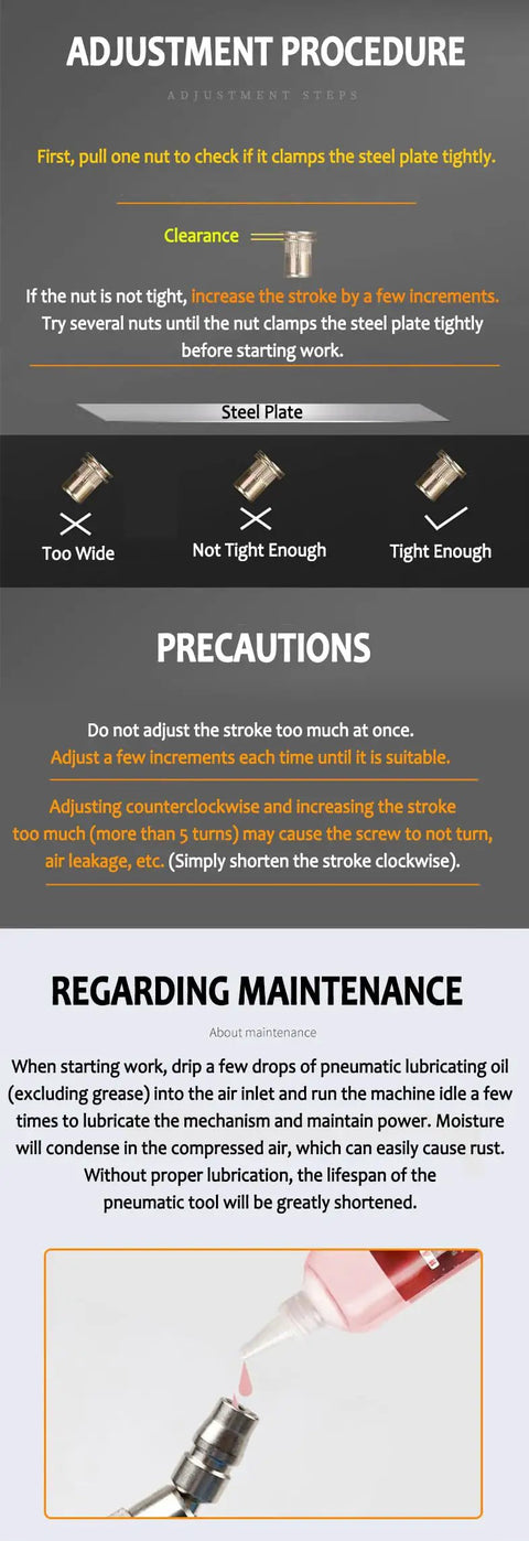 No Nonsense Heavy Duty Pneumatic Rivet Nut Pliers Set With M3 To M12 Tips And 7mm Adjustable Stroke showing lubrication process for maintenance.