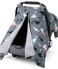 All In One Baby Car Seat Cover And Nursing Shield With 360 Degree Full Coverage Peekaboo Opening Cozy Minky Blanket Dinosaur Print