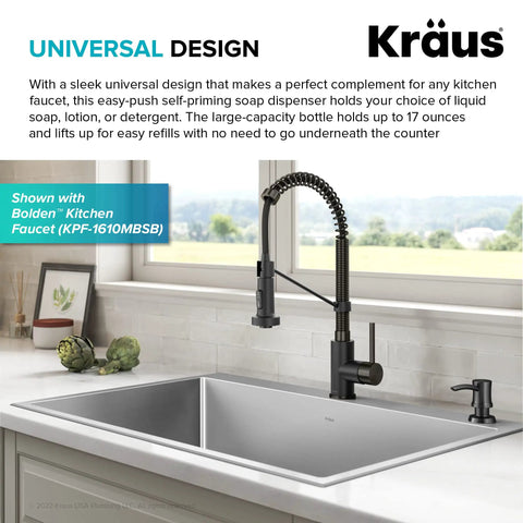 Spot Free Black Stainless Steel Kitchen Soap And Lotion Dispenser With Heavy Duty Brass Pump 17 Oz Bottle installed beside a faucet