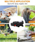 12V DC Water Pump For RV And Boat, 1.2 GPM Diaphragm Pump showing applications including outdoor shower and garden spray