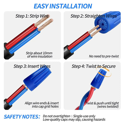 Step-by-step guide for installing Blue Waterproof Wire Nuts Set For Outdoor Use Landscape Wire Connectors 22AWG To 12AWG