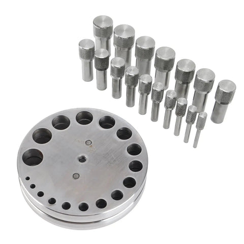 Pro Grade Steel Disc Cutter Set For Jewelry Making With Round Pendant Punch Tool And Six Dies displayed on flat surface