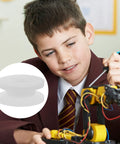 Boy assembling toy robot with Mini Belt Pulley Wheel 0.36 Inch Bore For 2mm Shaft Durable PP Plastic Gear Pulley shown inset.
