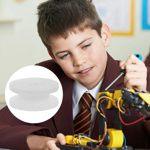 Boy assembling toy robot with Mini Belt Pulley Wheel 0.36 Inch Bore For 2mm Shaft Durable PP Plastic Gear Pulley shown inset.
