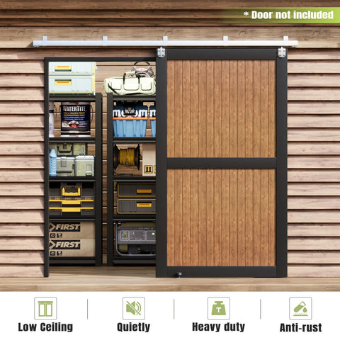 8FT Exterior Sliding Barn Door Hardware Kit With Box Rail Track 450 Lb Capacity Silver Weather Resistant Steel Outdoor Wall Mount System For Single 48 Inch Door Heavy Duty Outdoor Sliding Door Hardware installed on wooden structure.