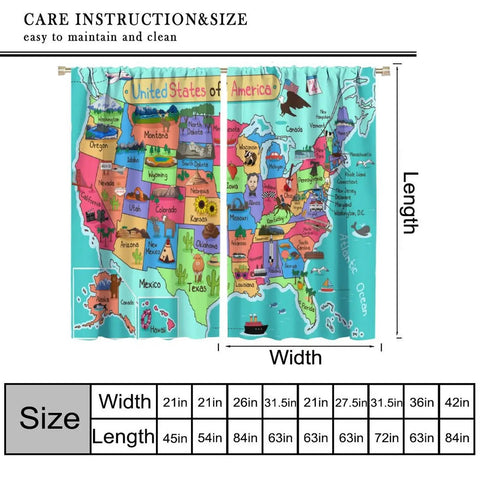 Colorful US Map Curtain Set For Kids Bedroom And Classroom, Cartoon America Design Blackout Window Drapes, 2 Panels, 63x72 Inches