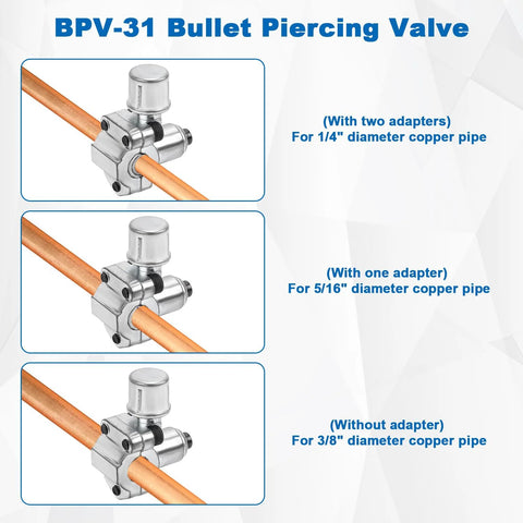 BPV-31 bullet piercing valve with copper pipe; chrome body, adapters for 1/4, 5/16, 3/8 in copper tubing (three views).