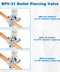 BPV-31 bullet piercing valve set in metal with copper tubing; adapters for 1/4", 5/16" and 3/8" copper pipes