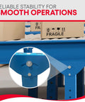 Close-up of Adjustable Gravity Roller Stand for Woodworking and Table Saw Support 1.5 Inch Steel Rollers, showing sturdy blue frame connections.