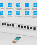 Metal 12 Outlet Power Strip With Surge Protector 1200J Heavy Duty Mountable Wall Mount Switch shown on wall with outlets
