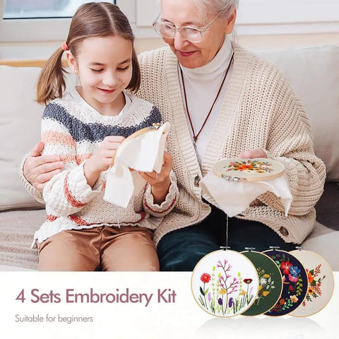 Child and elderly woman working on Four Pack Embroidery Kit For Beginners And Adults DIY Starter Set With Flower Patterns Cross Stitch