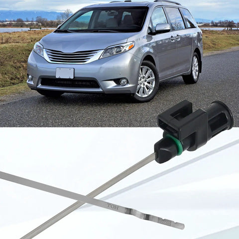 Nissan 22 Inch CVT Transmission Dipstick Gauge Kit For Altima Pathfinder Maxima Quest 2007 To 2021 Easy Install Premium Stainless Steel For At Home CVT Fluid Level Checks next to a silver vehicle.