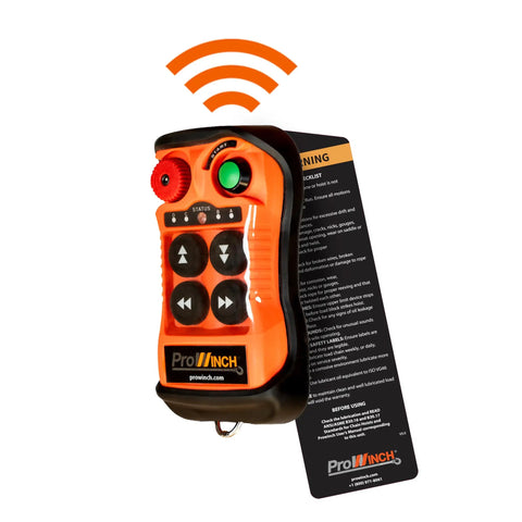 Heavy Duty Workhorse 2 Ton Electric Chain Hoist With Wireless Remote showing control unit and safety guide for lifting.