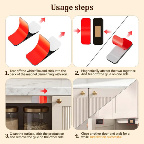 Installation steps for No Drill Magnetic Cabinet Door Catch With Adhesive 4 Pack Black Stainless Steel Drawer Magnets.
