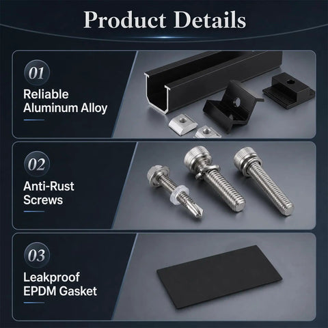 Aluminum Solar Panel Mounting Brackets Kit with 4.72 inch rails, anti-rust screws, and EPDM gasket for roofs and sheds.