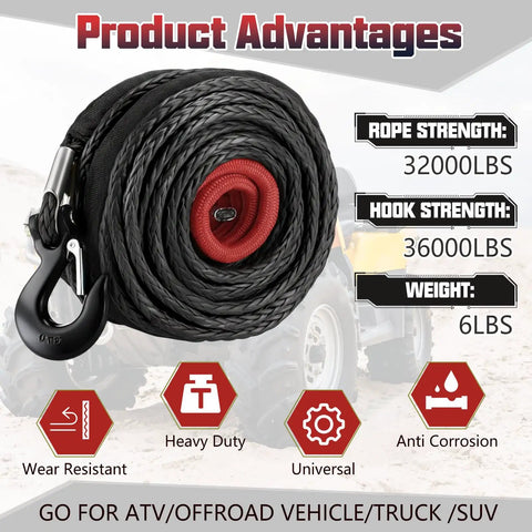 Half Inch By 100 Foot Synthetic Winch Rope Cable Kit For Off Road Trucks And ATVs 32000 Lbs Break Strength Black Protective Sleeve And Forged Hook, coiled rope with hook