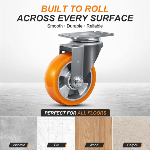 Badass Heavy Duty 4 Inch Swivel Caster Wheels Set Of Four With Aluminum Core And Sweet Rolling Polyurethane Treads For Quiet Non Marking Cart Or Workbench Upgrades At 1200 Pounds on various floor surfaces.