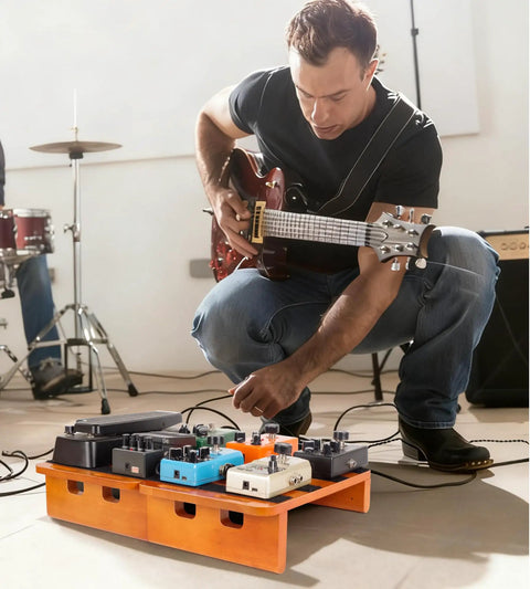 Guitarist using Two In One Wooden Guitar Pedal Board Set With Detachable Design Pine Wood Build 17.3 Inch Big Capacity on stage