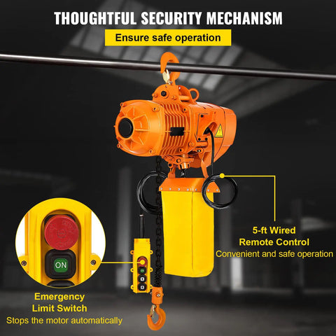 Heavy Duty 1 Ton Chain Hoist, Single Phase Electric Motor With Double G80 Mount Chain And Pendant Control featuring emergency limit switch.