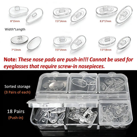 Push In Eyeglass Nose Pads Replacement Kit With 18 Pairs Six Size Options For A Custom Fit Spare Nose Pads For Glasses And Sunglasses