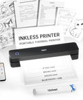 Slick Compact Thermal Printer With No Sweat Bluetooth Wireless Hookup For Travel And Road Trips Instant Mobile Photo Printing On The Go Compatible With Every Smartphone And Tablet Device Today next to printed pages and smartphone.