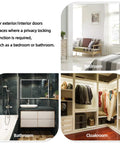 Collage showing bedroom, bathroom, and cloakroom uses for 8 Pack Privacy Door Knobs Matte Black Interior Passage Lock Set Keyless Round Doorknobs For Bedroom And Bathroom Includes Hardware And Instructions Easy To Install No Fuss.