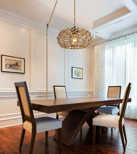 Dining room with Plug In Boho Pendant Light With Hemp Rope Cord 15.1 Feet Long, Woven Rattan Cage Hanging Lamp, On Off Switch