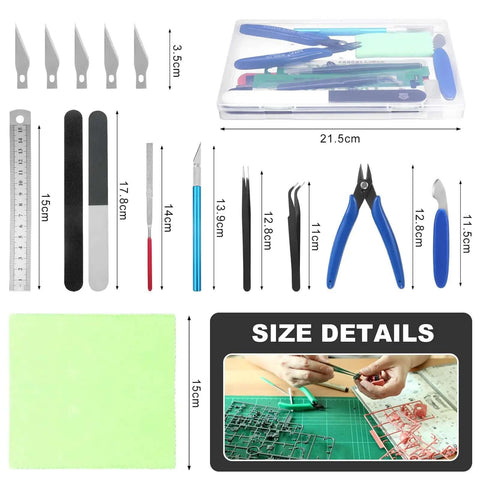 11 Piece Gundam Model Tool Kit For Basic Assembly And Repair Handy Hobby Hand Tools Set with sizes and layout details visible