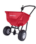 Red Commercial Walk-Behind Broadcast Spreader with 65 lb Capacity for Grass Fertilizer and Seeds, side spread control, and 10 inch pneumatic tires.