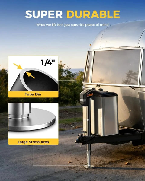 Beefy 7500Lb Electric RV Tongue Jack With Remote Control installed on RV in campsite, highlighting tube diameter and stress area.