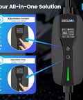 Plug And Play Level 1 And 2 Ev Charger With Adjustable 16 Amp Current And J1772 Connector For Bevs And Phves showing adjustable current and timer.
